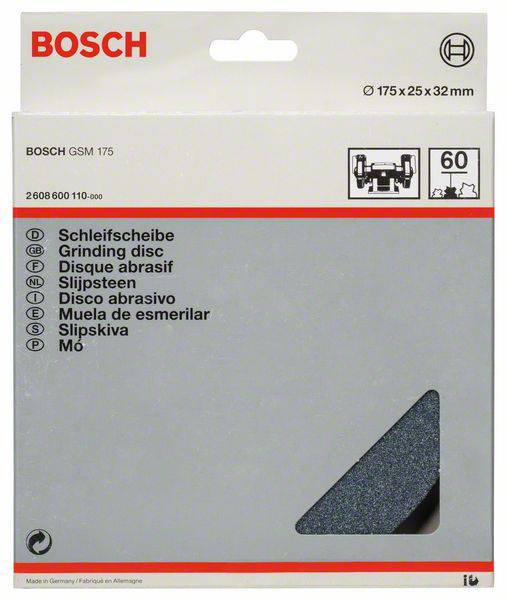 'Schleifscheibe Bosch GSM 175' Verpackung zeigt Produktspezifikationen; Durchmesser 175 mm, 60 Körnung, für verschiedene Schleifarbeiten.