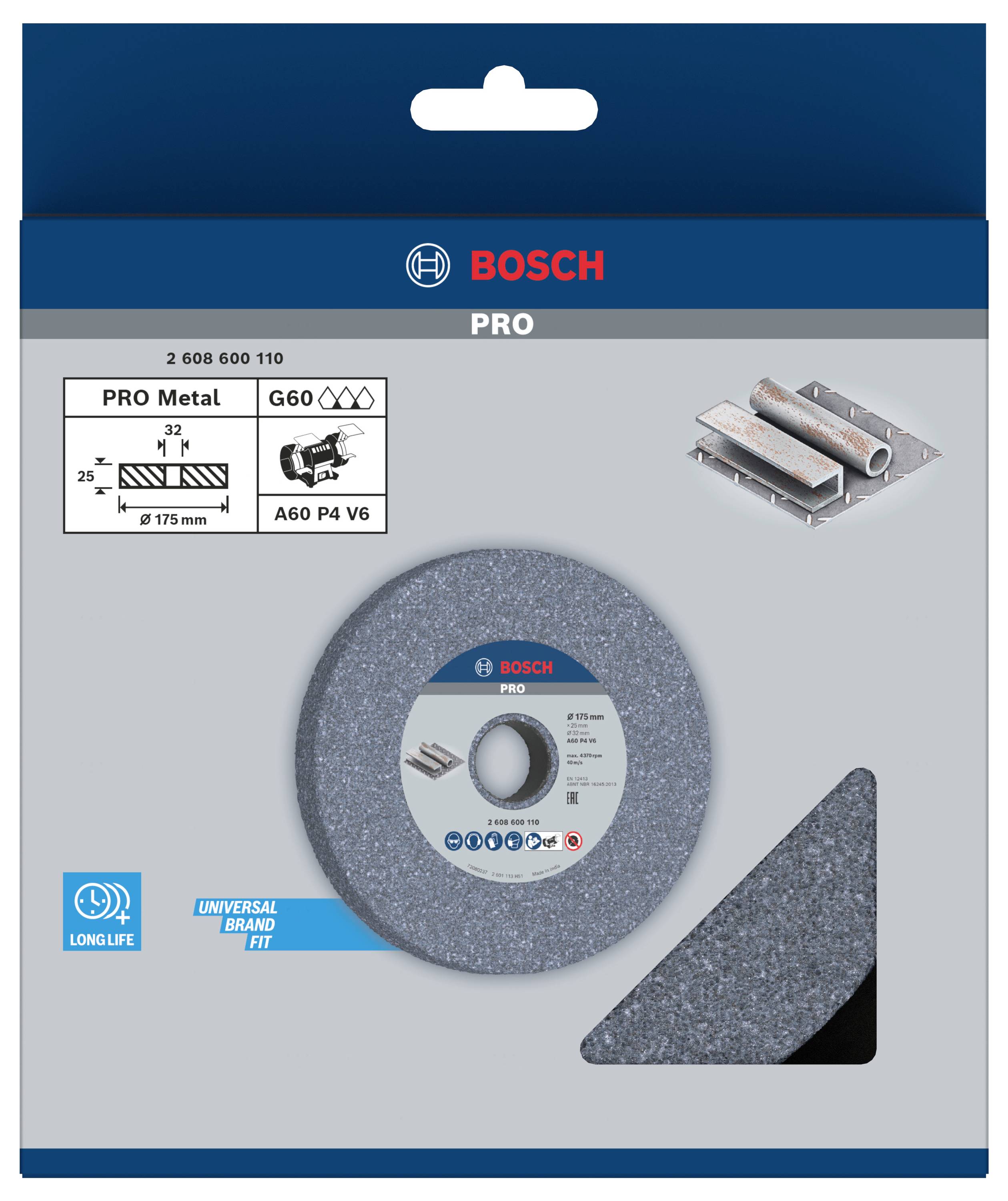 Eine Schleifscheibe für Metall, abgebildet in der Produktverpackung. Markenname und spezifische technischen Details sind sichtbar.