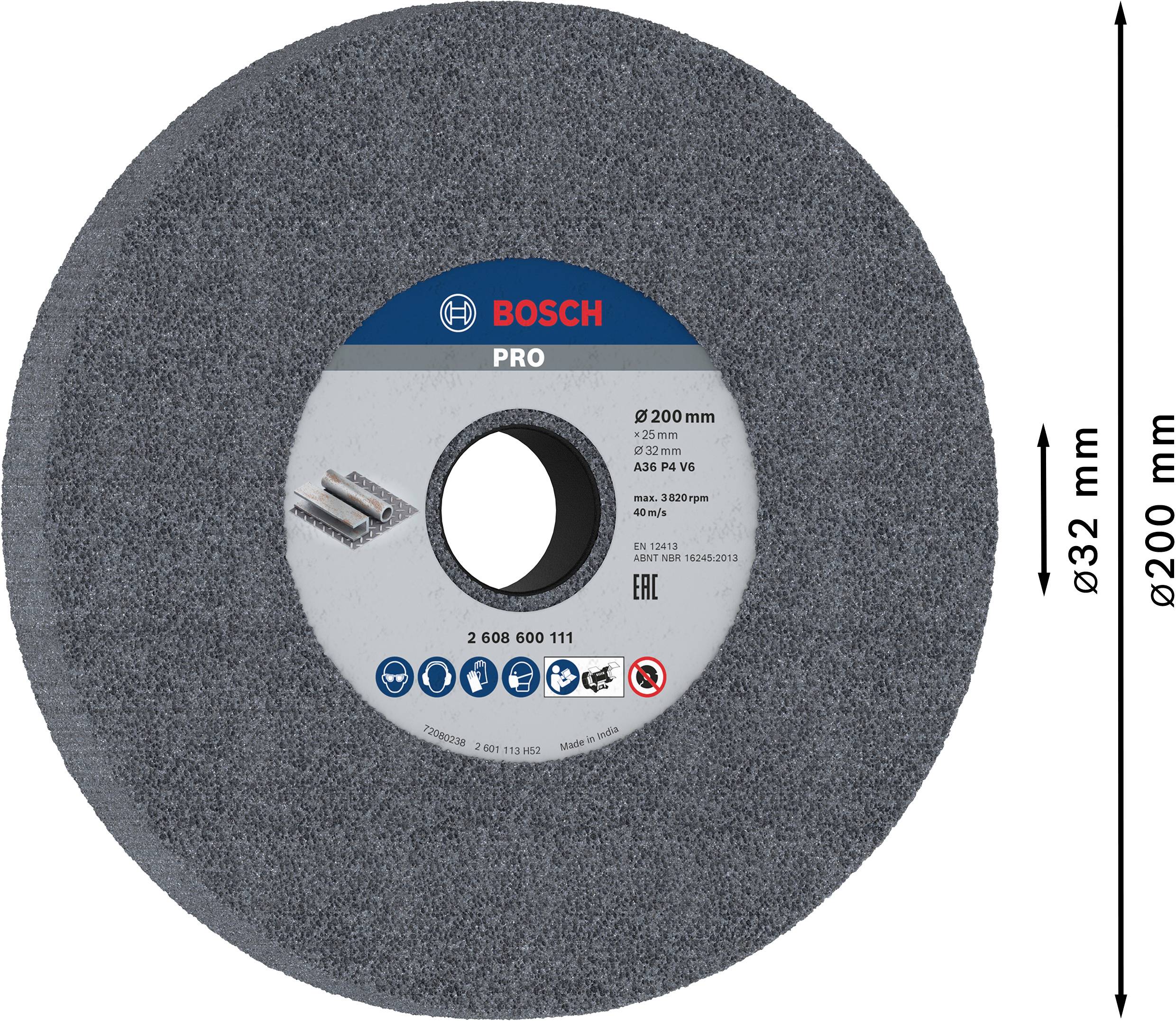 Schleifscheibe von Bosch mit einem Durchmesser von 200 mm und einer Bohrung von 32 mm. Geeignet für professionellen Einsatz.