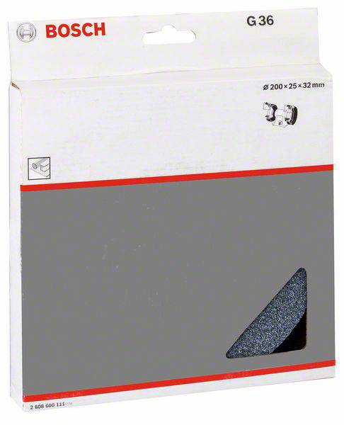 Verpackung eines Bosch Schleifsteins, Modell G 36, mit den Maßen Ø 200 x 25 x 32 mm.