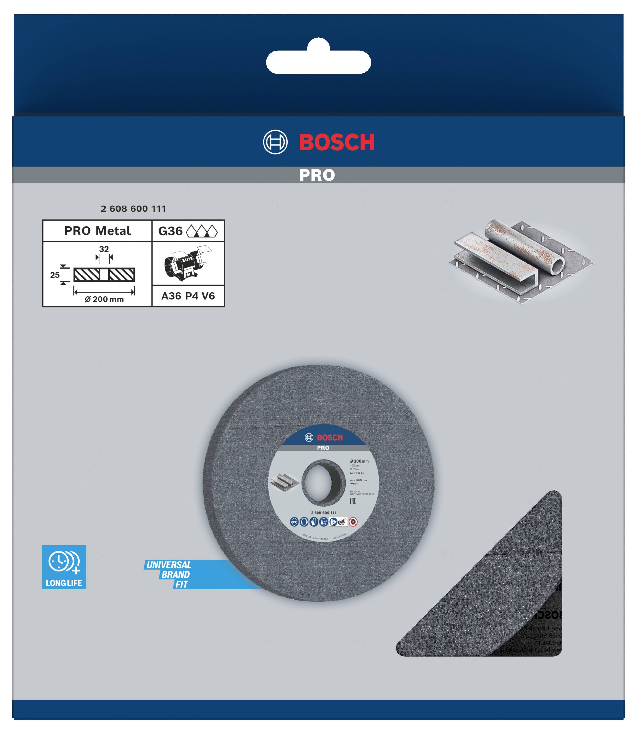 'Bosch Pro Metal Trennscheibe' Verpackung, zeigt eine graue, runde Trennscheibe für Metallbearbeitung. Geeignet für Winkelschleifer.