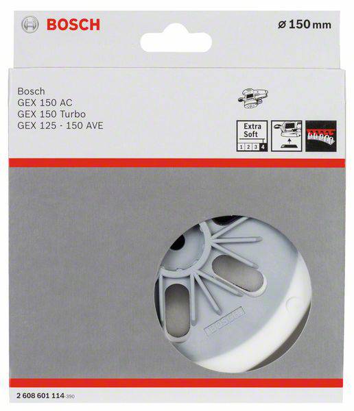 Verpackung für Bosch Schleifmaschinen-Zubehör. Zeigt den Artikel 'Extra Soft' Ø150 mm. Kompatibel mit GEX 150 AC/Turbo, GEX 125-150 AVE.
