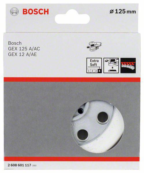 Verpackung eines Bosch Exzenterschleifers, Modell GEX 125 A/AC und GEX 12 A/AE, Durchmesser 125 mm, mit Abbildung des Werkzeugs.