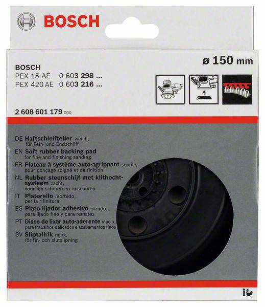 Verpackung eines Bosch Soft-Schleiftellers für 150 mm Schleifmaschinen. Enthält Produkthighlights, Abbildungen und technische Details.