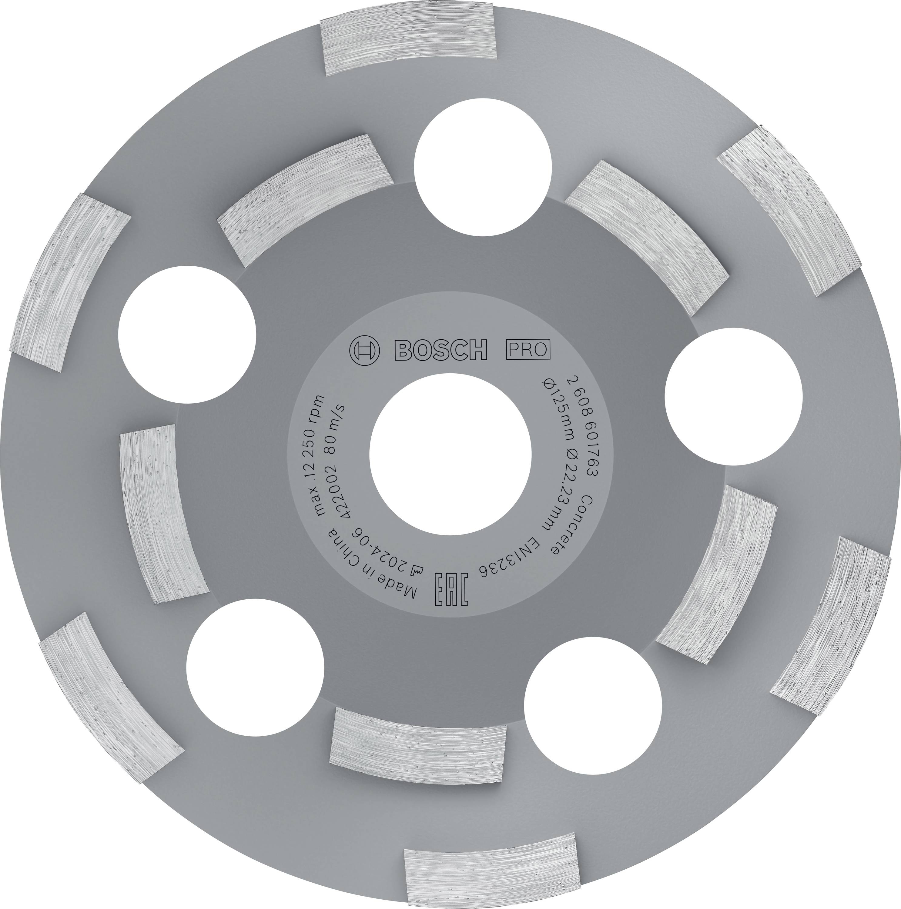 Graues Diamantschleifblatt mit mehreren Öffnungen und segmentierten Schleifbereichen. Text 'Bosch' und technische Spezifikationen in der Mitte.