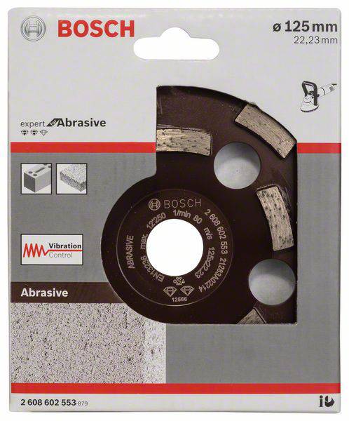 125-mm-Schleifscheibe von Bosch in Verpackung, geeignet für Beton und Stein. Mit Vibration Control und 22,23-mm-Bohrung.