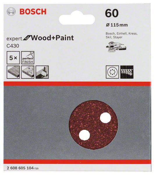 Schleifblatt für Holz und Farbe von Bosch, 115 mm, Körnung 60, geeignet für verschiedene Schleifmaschinen. Verpackung mit 5 Stk.