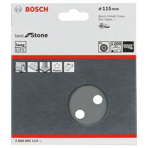 Bosch Accessories Best for Stone 2608605114 Exzenterschleifpapier mit Klett, gelocht Körnung (num) 1200 (Ø) 115mm 5St. Bosch Accessories Best for Stone 2608605114 Exzenterschleifpapier mit Klett, gelocht Körnung (num) 1200 (Ø) 115mm 5St.
