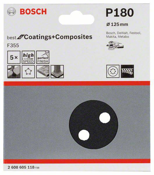 Bosch Schleifscheibe P180, Ø125 mm, für Coatings+Composites. Enthält Symbole für hohe Geschwindigkeit, perfektes Finish, 5x Langlebigkeit.