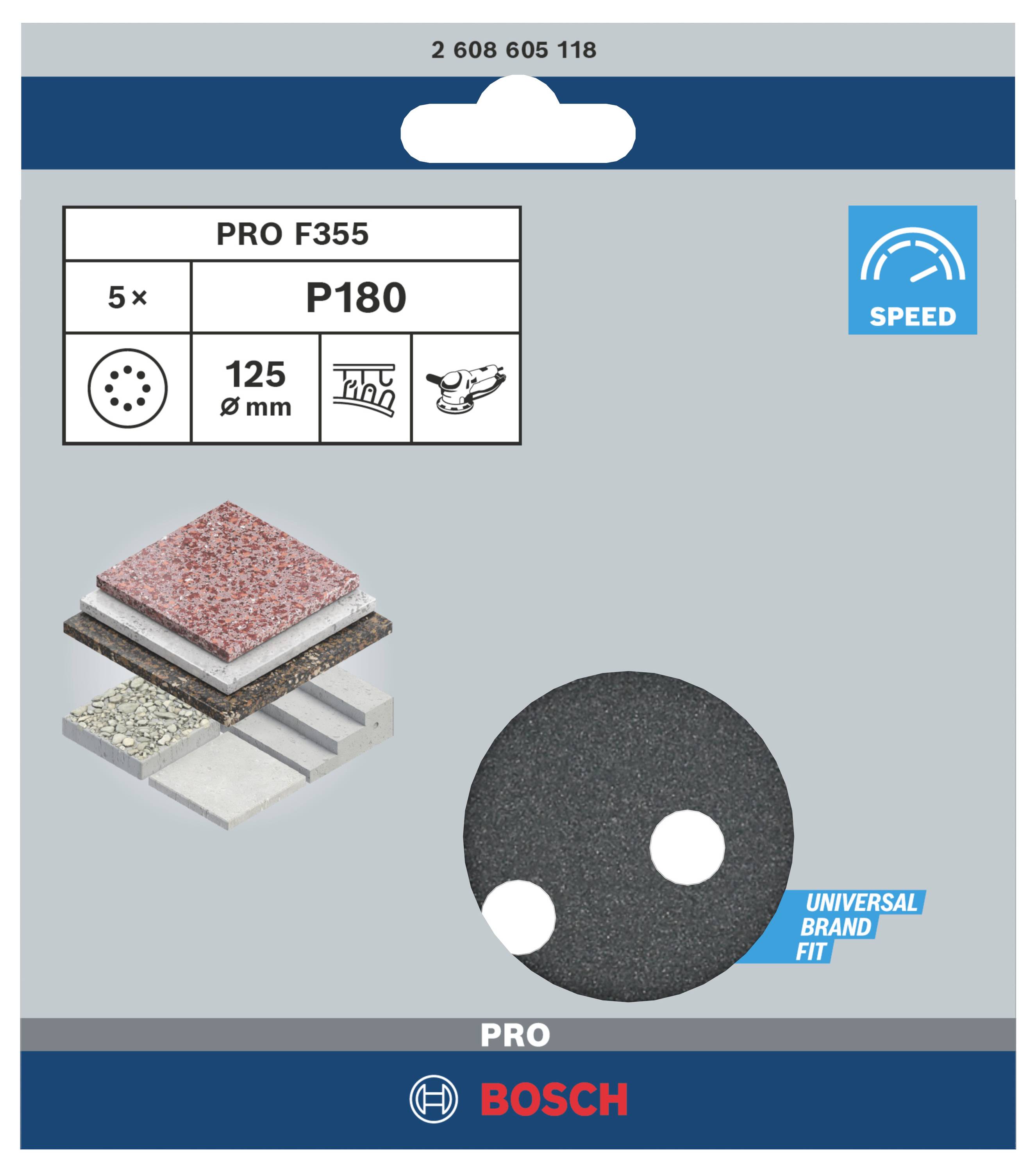 Verpackung eines Schleifpapier-Sets von Bosch, Modell 'PRO F355', Körnung P180, 5 Stück, Durchmesser 125 mm, für schnelles Schleifen.