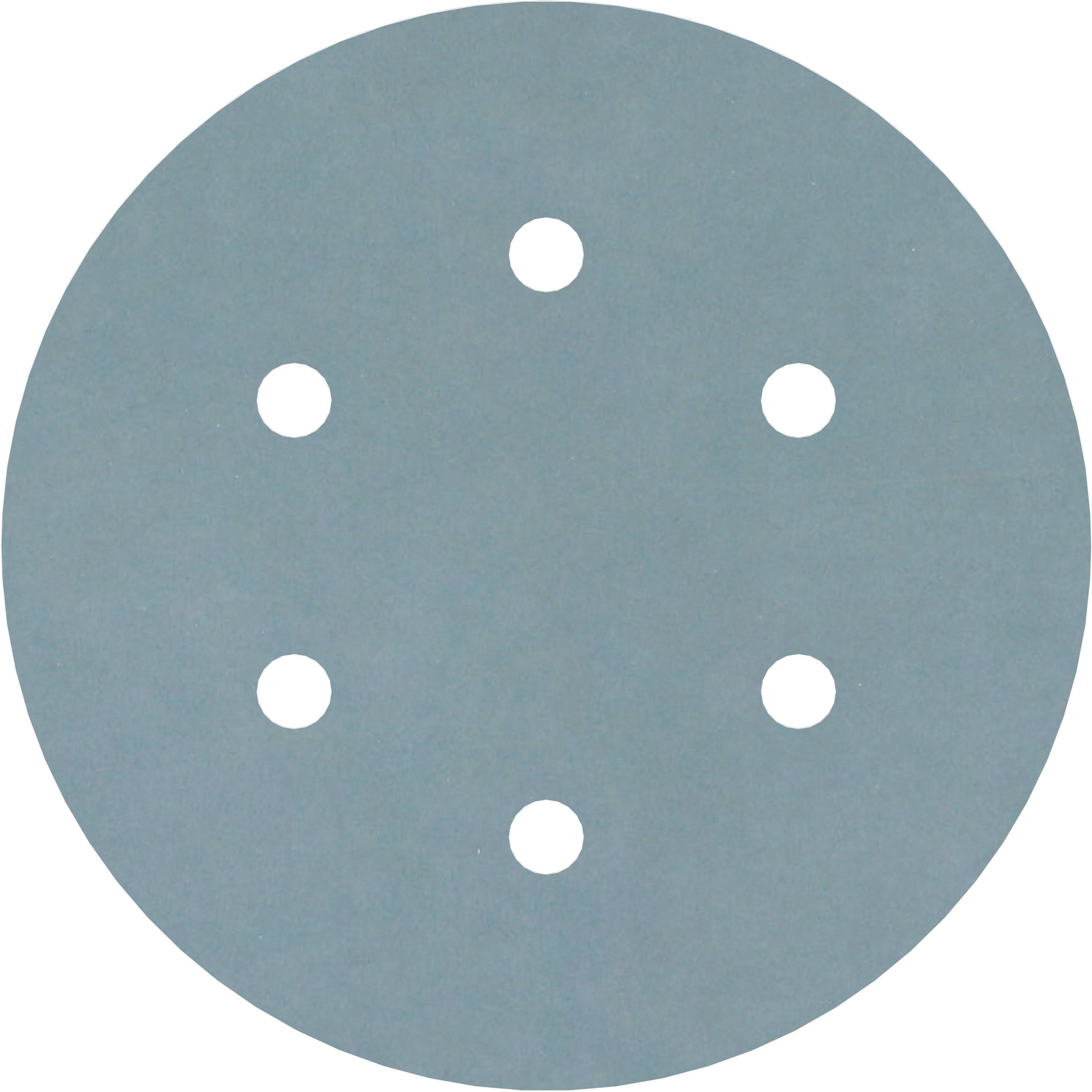 Rundschleifscheibe aus blauem Schleifpapier mit sechs gleichmäßig verteilten Löchern.