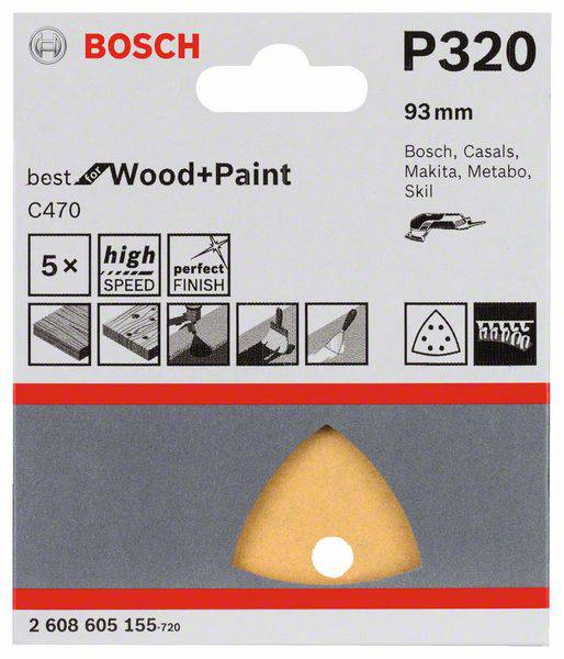 Bosch Accessories Best for Wood 2608605155 Deltaschleifpapier mit Klett, gelocht Körnung (num) 320 Eckmaß 93 mm 5 St.