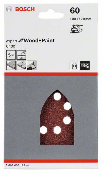 Eine Schleifscheibe von Bosch, Modell 'C430', geeignet für Holz und Farbe, Größe 100 x 170 mm, Körnung 60, Abbildung von Anwendungsmöglichkeiten.