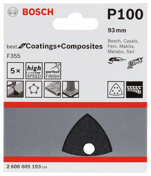 Bosch Schleifblatt P100, 93 mm, 5 Stück. Verwendung für Coatings und Composites. Kompatibel mit Bosch, Casals, Fein, Makita, Metabo, Skil.