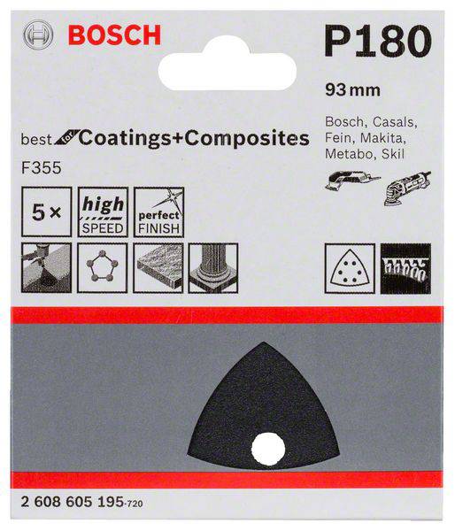 Dreieck-Schleifblatt P180, 93 mm, geeignet für Bosch, Casals, Fein, Makita, Metabo, Skil. Enthält 5 Stück, für hohe Geschwindigkeiten.