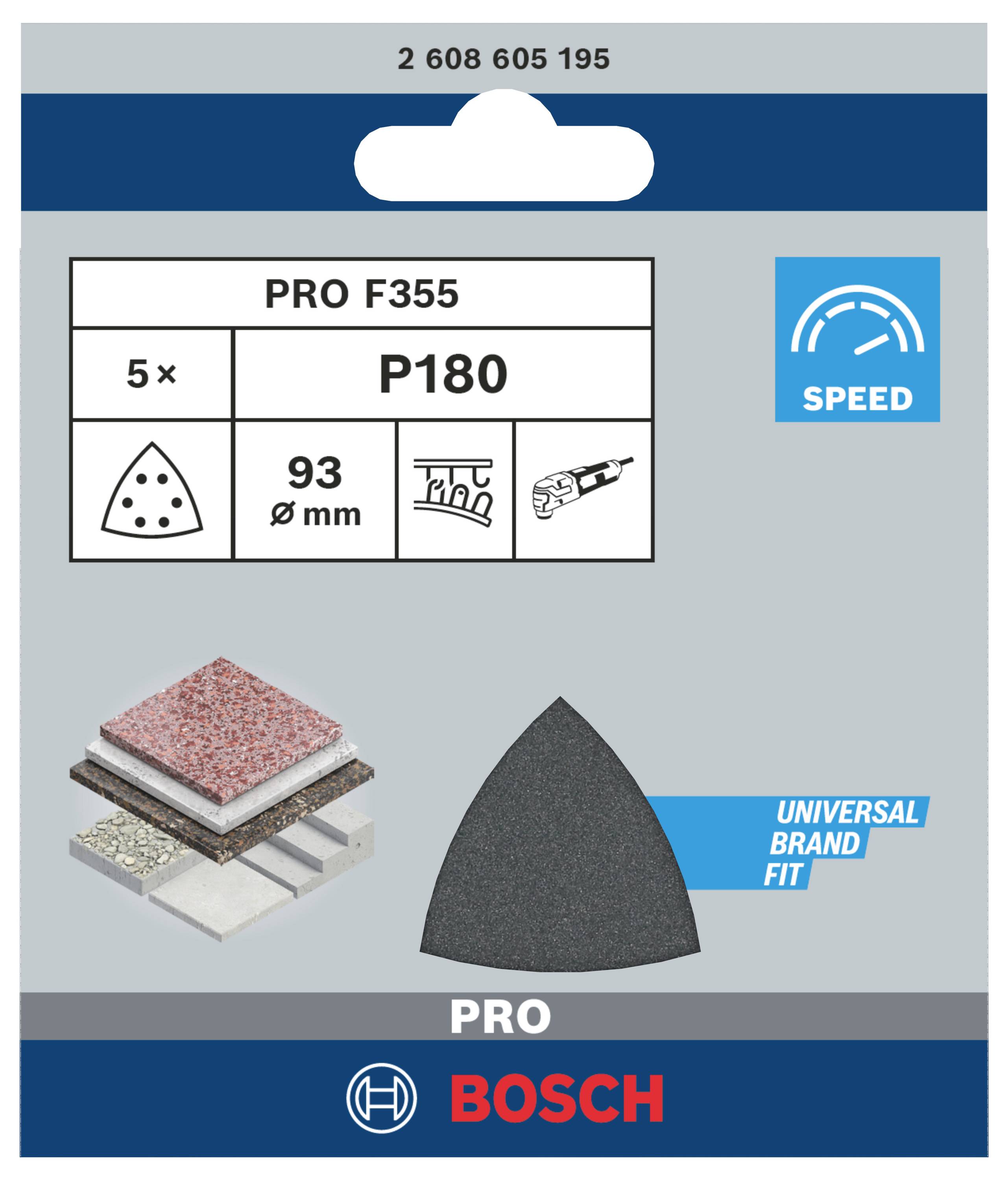 Eine Verpackung mit Bosch Schleifblättern, Modell PRO F355, Körnung P180, geeignet für verschiedene Materialien, 93mm Durchmesser.