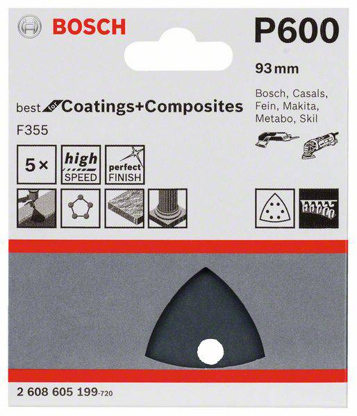 Bosch Accessories Best for Stone 2608605199 Deltaschleifpapier mit Klett, gelocht Körnung (num) 600 Eckmaß 93mm 5St.