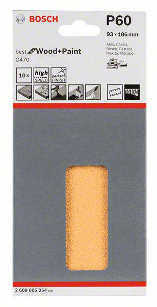 Bosch Accessories Best for Wood 2608605254 Schwingschleifpapier mit Klett, gelocht Körnung 60  (L x B) 186 mm x 93 mm 10 St.