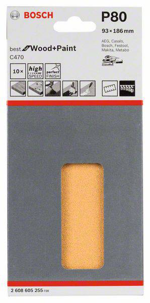 Bosch Accessories Best for Wood 2608605255 Schwingschleifpapier mit Klett, gelocht Körnung num 80 (L x B) 186mm x 93mm 10St.