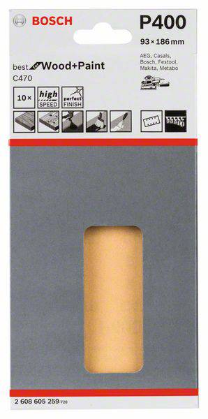 Bosch Accessories Best for Wood 2608605259 Schwingschleifpapier mit Klett, gelocht Körnung num 400 (L x B) 186mm x 93mm 10St.