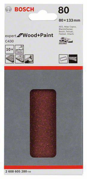 Bosch Accessories Expert for Wood 2608605280 Schwingschleifpapier mit Klett, gelocht Körnung (num) 80 (L x B) 133mm x 80mm 10St.