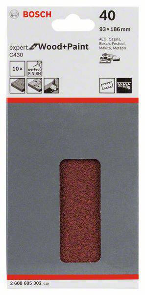 Bosch Accessories Expert for Wood 2608605302 Schwingschleifpapier mit Klett, gelocht Körnung (num) 40 (L x B) 185mm x 93mm 10St.