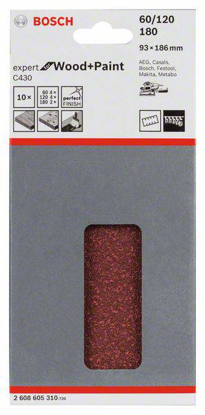 Bosch Schleifpapier, 60/120 Körnung, 93x186 mm, geeignet für Holz und Farbe. Expert C430, 10 Stück, für diverse Schleifmaschinen.