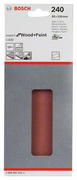 Bosch Schleifpapier, Körnung 240, für Holz und Farbe. Verpackung zeigt Produkt für Schleifmaschinen. Maße: 93 x 230 mm, 10 Stück.