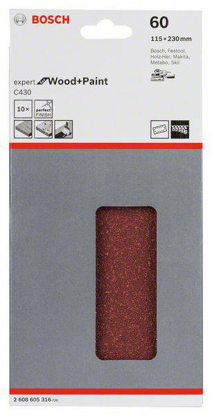Bosch Accessories Expert for Wood 2608605316 Schwingschleifpapier mit Klett, gelocht Körnung (num) 60 (L x B) 230mm x 115mm 10St.