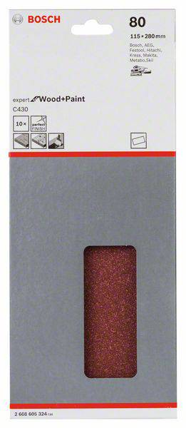 Schleifpapierpackung von Bosch mit der Bezeichnung 'Wood+Paint', Körnung 80, Maße 115 x 280 mm, geeignet für Holz und Farbe.