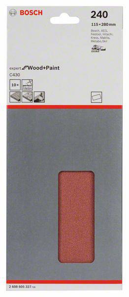 Die Verpackung zeigt Schleifpapier für Holz und Farbe der Marke Bosch, Körnung 240, Größe 115 x 280 mm. Für Metall, Farbe, Keramik und Holz geeignet.