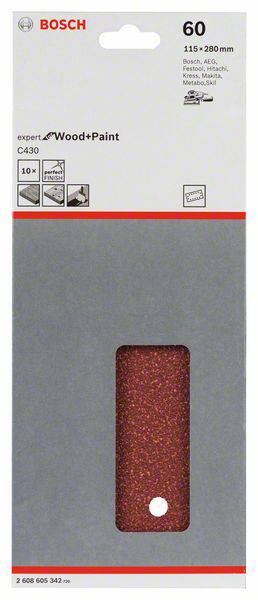 Verpackung von Bosch-Schleifpapier 'expert for Wood+Paint' mit Korn 60, Größe 115 x 280 mm, geeignet für Holz und Farbe.