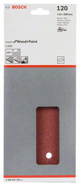 Schleifpapier von Bosch, Körnung 120, für Holz und Farbe. Größe 115 x 280 mm. Zeigt ein rotes Schleifblatt mit Loch und Produktdetails.