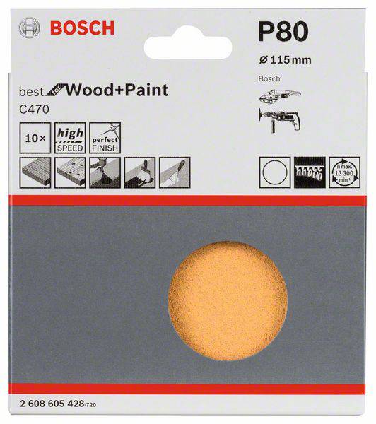 Bosch Schleifpapier P80 für Holz- und Lackarbeiten, Durchmesser 115 mm, geeignet für Winkelschleifer, 10 Stück.