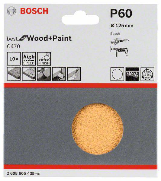 Bosch Accessories 2608605439 Schleifpapier für Schleifteller mit Klett, ungelocht Körnung num 60 (Ø) 125mm 10St.