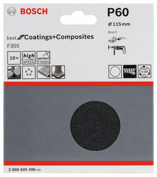 Schleifscheibe von Bosch, Modell P60, Ø 115 mm für hohe Geschwindigkeit und perfekten Finish, geeignet für Beschichtungen und Verbundstoffe.