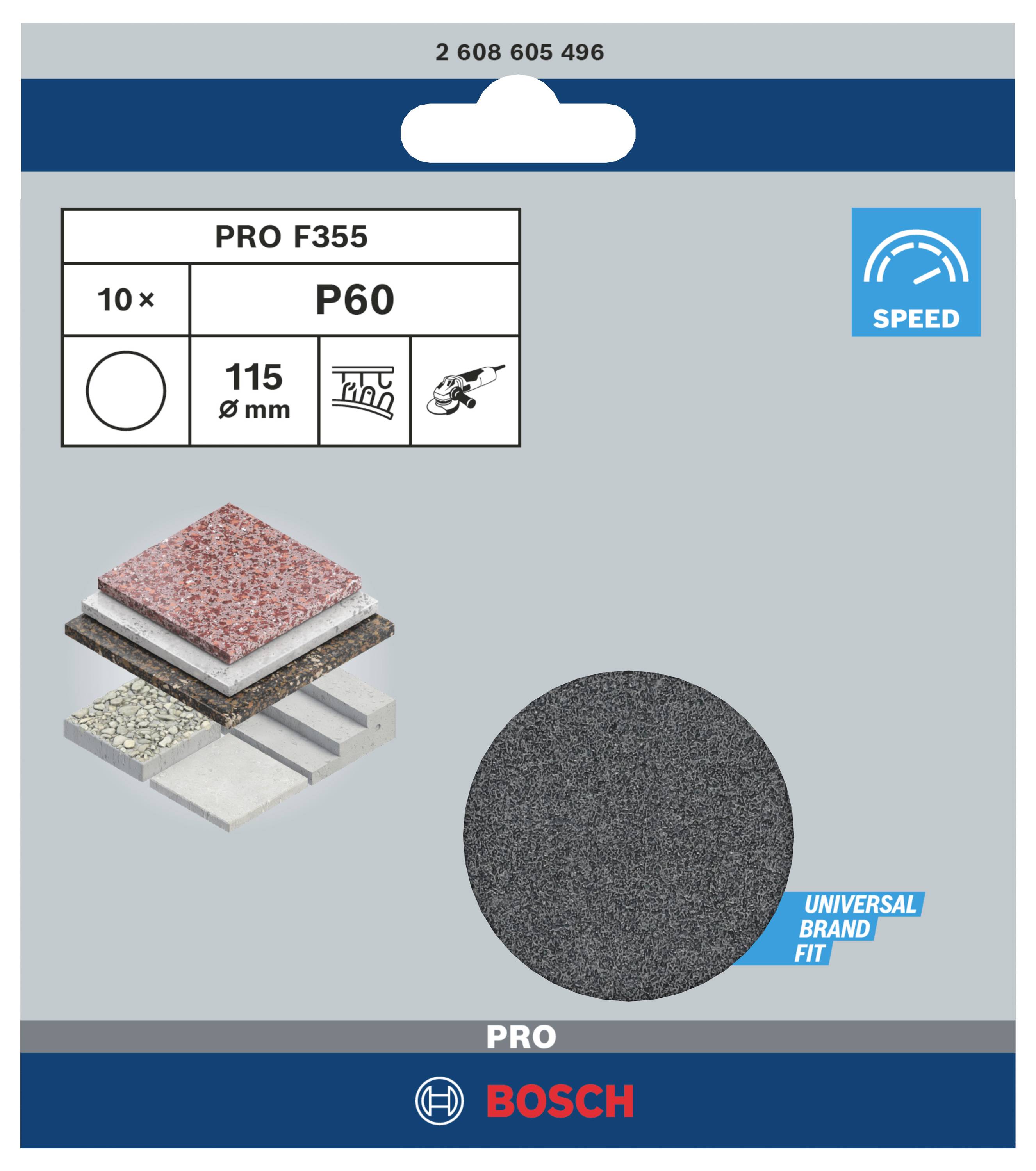 Schleifscheibe Bosch Pro F355, P60, 115 mm, 10 Stück. Geeignet für Stein, Mauerwerk. Universelle Markenkompatibilität.
