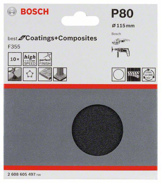 Schleifscheibe von Bosch, Modell P80, Durchmesser 115 mm, geeignet für Coatings+Composites. Verpackung zeigt Symbole für Geschwindigkeit und Finish.