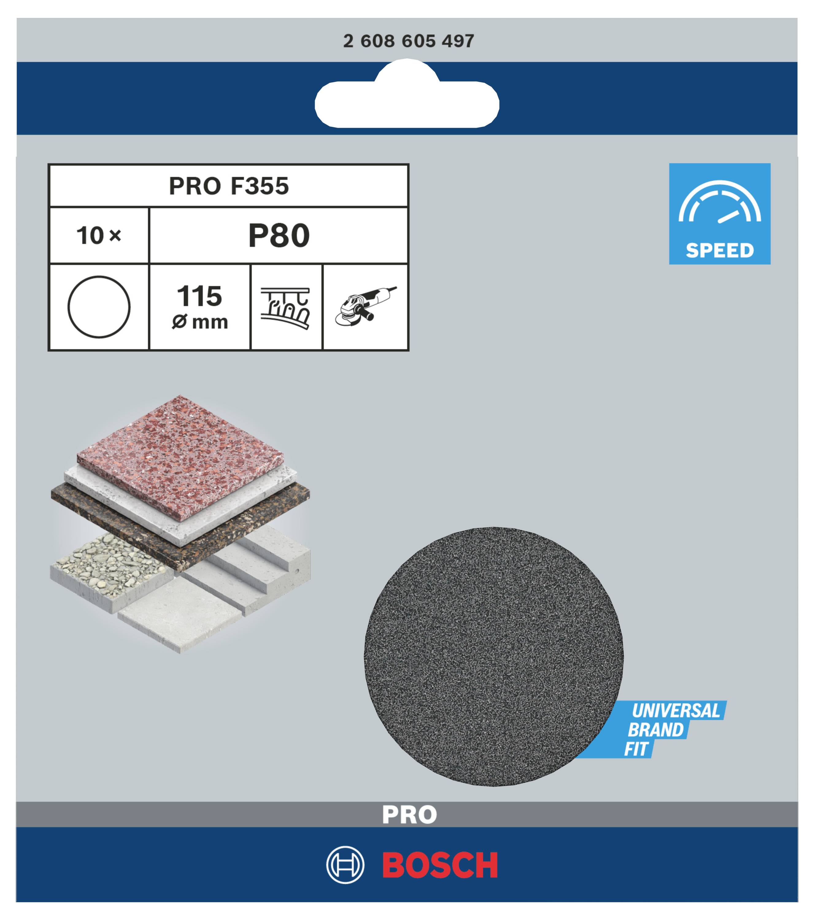 Schleifpapier für Winkelschleifer, Körnung P80, Durchmesser 115 mm. Geeignet für Metall und Stein. Marke: Bosch.