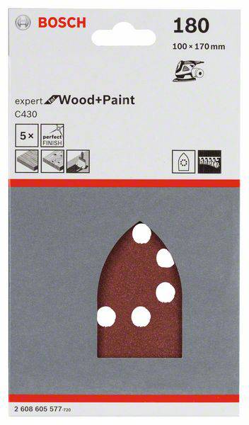 Bosch Accessories Expert for Wood 2608605577 Multischleifpapier mit Klett, gelocht Körnung (num) 180 (L x B) 160mm x 100mm 5St.