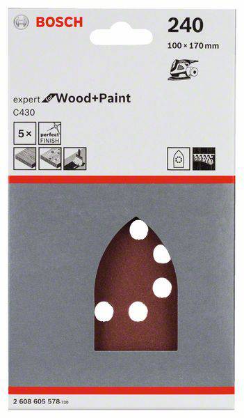 Verpackung für Bosch Schleifblätter, 240er Körnung, 100 x 170 mm für Holz und Farbe. Enthält visualisiertes Symbol für Anwendung und Menge: 5 Stück.