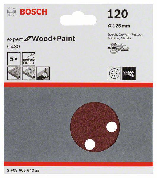 Bosch Accessories Expert for Wood 2608605643 Exzenterschleifpapier mit Klett, gelocht Körnung (num) 120 (Ø) 125mm 5St.