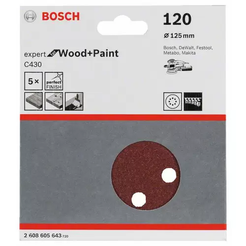 Bosch Accessories Expert for Wood 2608605643 Exzenterschleifpapier mit Klett, gelocht Körnung (num) 120 (Ø) 125mm 5St. Bosch Accessories Expert for Wood 2608605643 Exzenterschleifpapier mit Klett, gelocht Körnung (num) 120 (Ø) 125mm 5St.