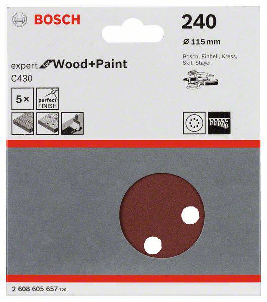 Verpackung eines Bosch Schleifpapiers, Serie C430, für Holz und Farbe, Körnung 240, 5 Stück, passend für gängige Schleifmaschinen.