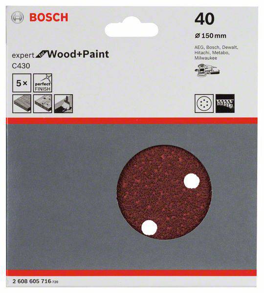 Bosch Accessories Expert for Wood 2608605716 Exzenterschleifpapier mit Klett, gelocht Körnung (num) 40 (Ø) 150mm 5St.