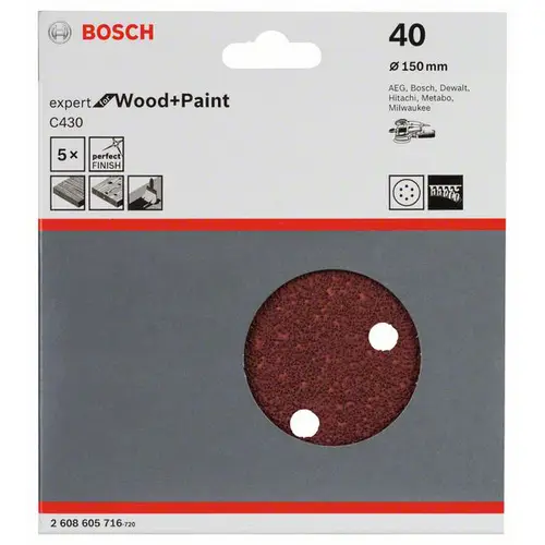 Bosch Accessories Expert for Wood 2608605716 Exzenterschleifpapier mit Klett, gelocht Körnung (num) 40 (Ø) 150mm 5St. Bosch Accessories Expert for Wood 2608605716 Exzenterschleifpapier mit Klett, gelocht Körnung (num) 40 (Ø) 150mm 5St.