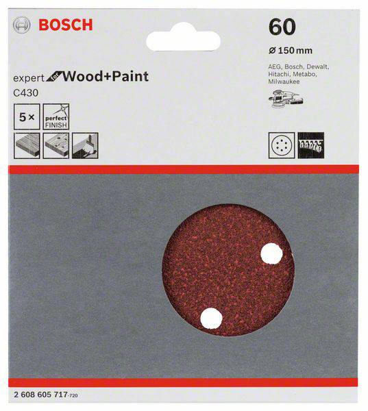 Bosch Schleifpapier, Körnung 60, Ø 150mm, geeignet für Holz und Farbe. Packung enthält 5 Stück. Kompatibel mit AEG, Bosch, Dewalt, Hitachi, Metabo und Milwaukee Schleifgeräte.