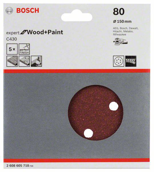 Bosch Schleifpapier C430 für Holz und Farbe, Körnung 80, 150mm, perfekt für AEG, Bosch, DeWalt, Hitachi, Metabo, Milwaukee.