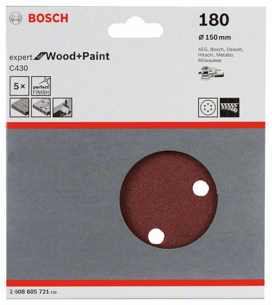 Verpackung für Bosch Schleifscheibe 'expert for Wood+Paint' mit 180er Körnung, Durchmesser 150 mm. Geeignet für diverse Schleifmaschinen.