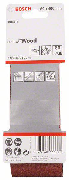Bosch Schleifband 60 x 400 mm, best for Wood, 2 608 606 001. Abbildungen von Schleifanwendungen und Symbolen für Holzbezug.